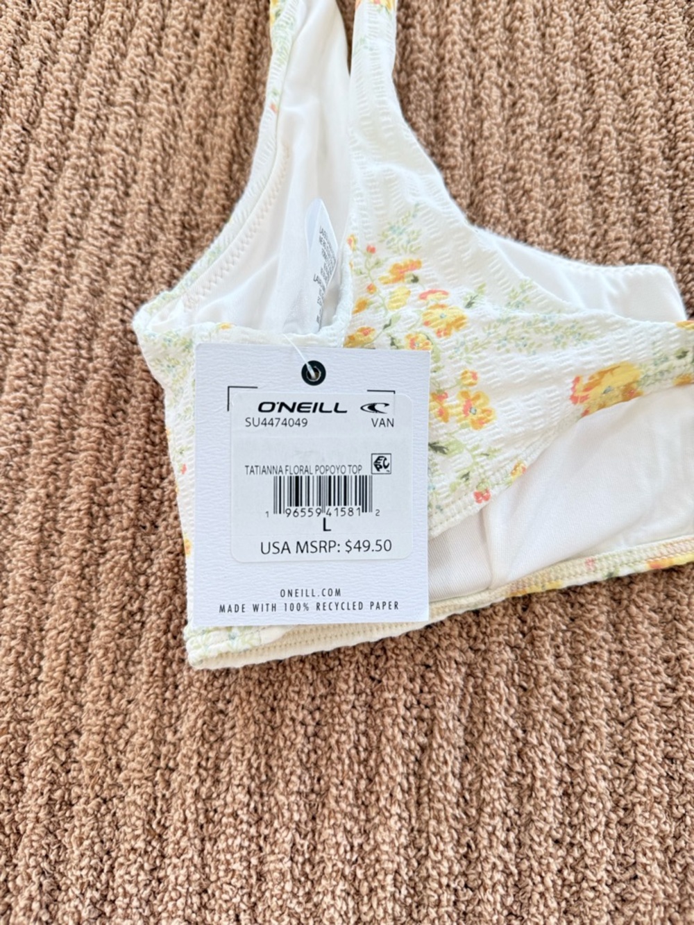 O'Neill D cup White Floral Swim Bralette with Yellow Blossoms - Picture 4 of 5